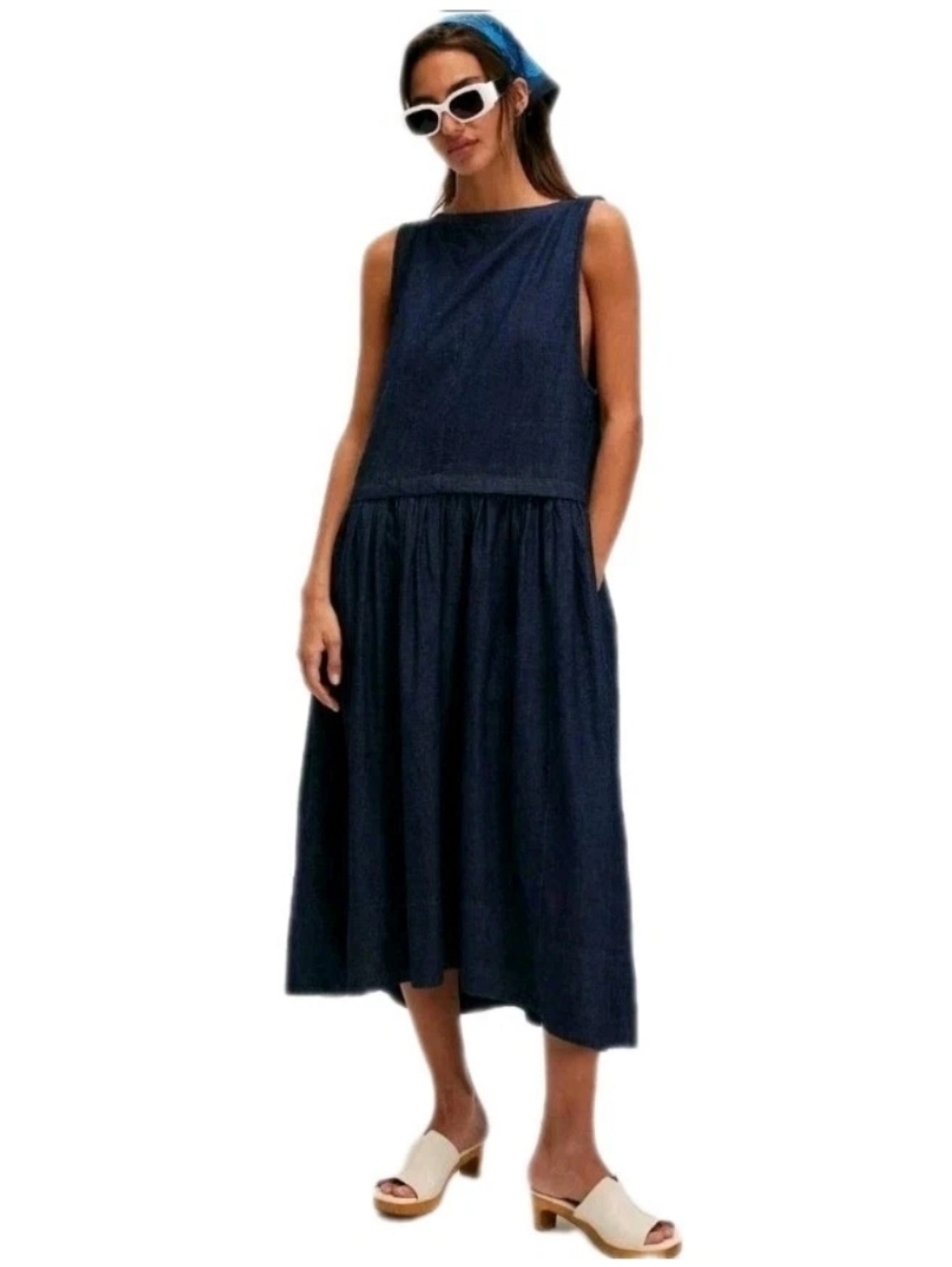 Free People Cotton Soraya Dark Denim Drop Waist Pull On MidiDress Size: Large